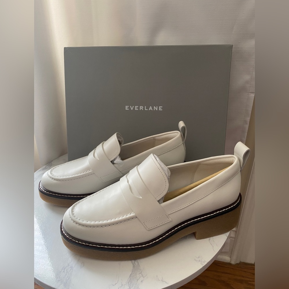 COPY - NWB Everlane White Penny Loafers with Brown Sole